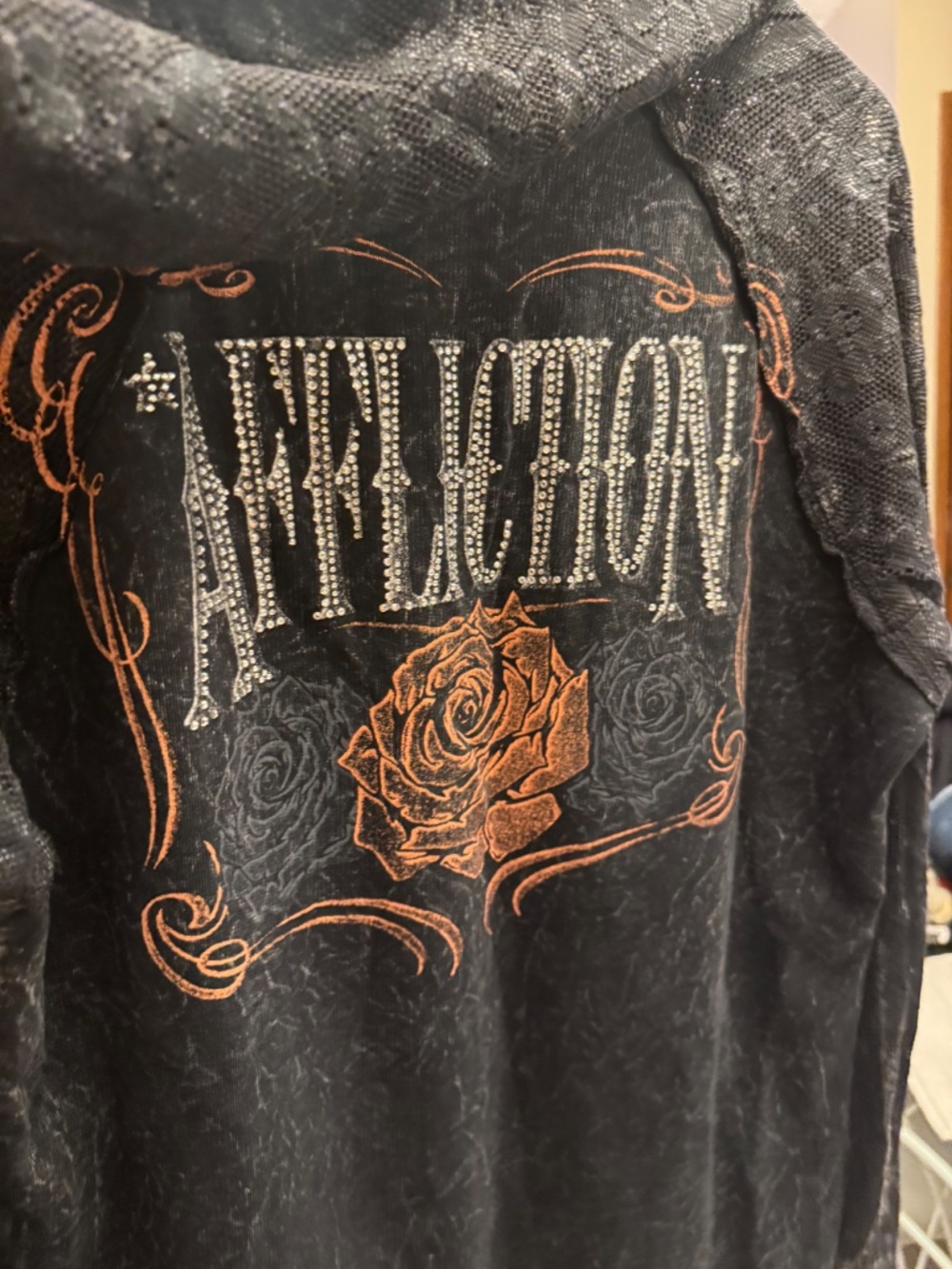 Affliction Black Lace-Up Skull & Rose Graphic Top with Orange Accents - Picture 5 of 6